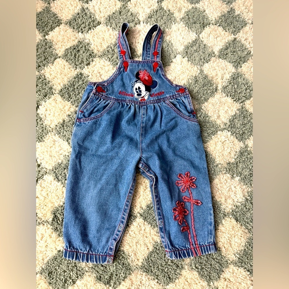 VTG Disney Minnie Mouse Denim Overalls Embroidered Jean Mickey Blue Red 18 Mo